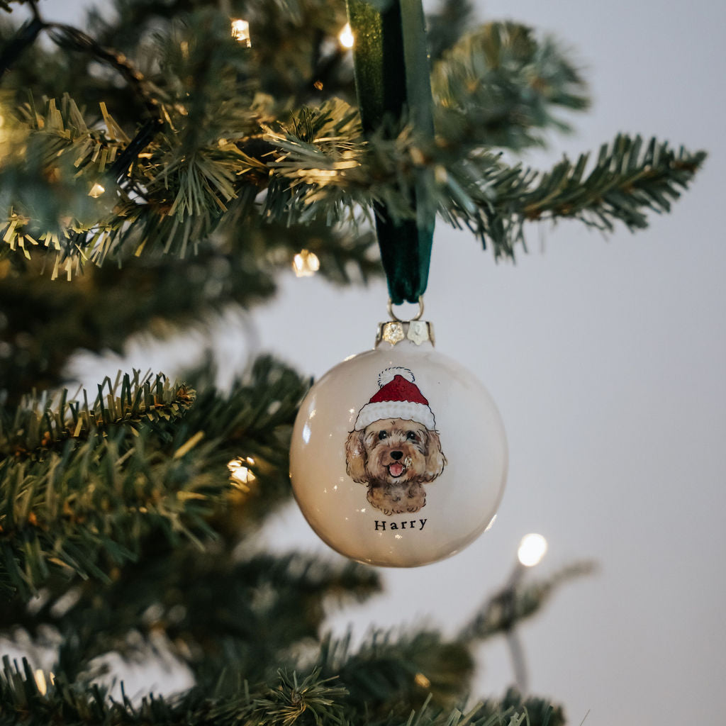 Santa Hat Dog Portrait Christmas Bauble