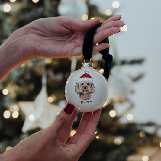 Santa Hat Dog Portrait Christmas Bauble