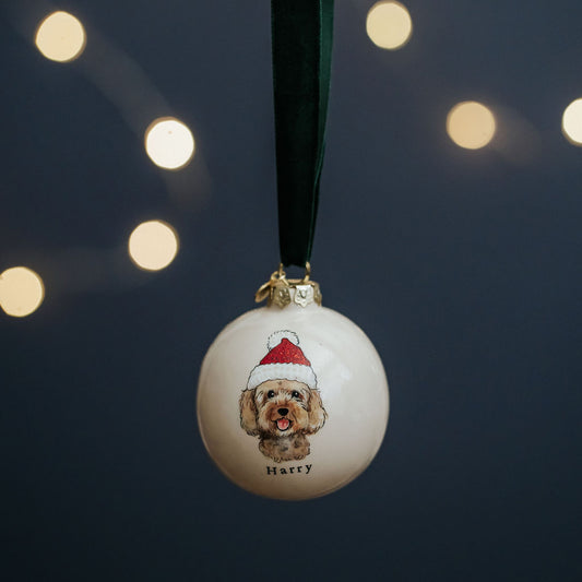 Santa Hat Dog Portrait Christmas Bauble